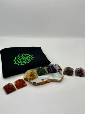 Orgonite Chakra Set with custom silk Sacred Geometry bag