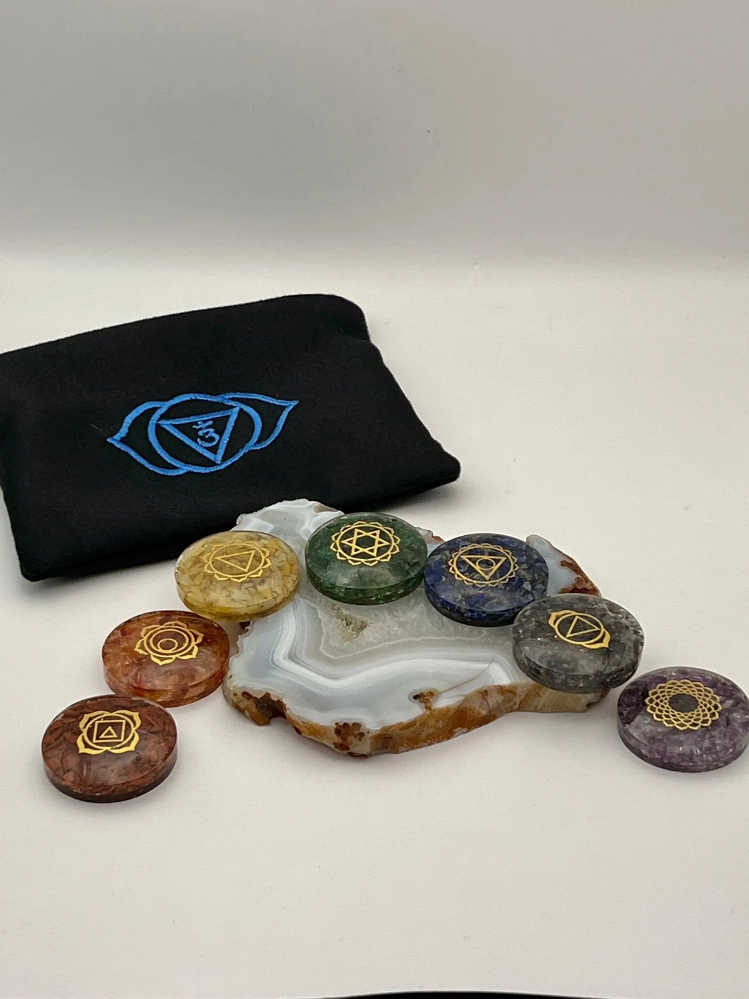 Orgonite Chakra Set with custom silk Sacred Geometry bag