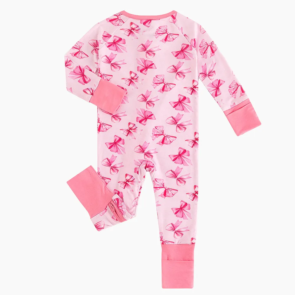 Pink Polka Dots Bow Baby Bamboo Long Sleeper Romper
