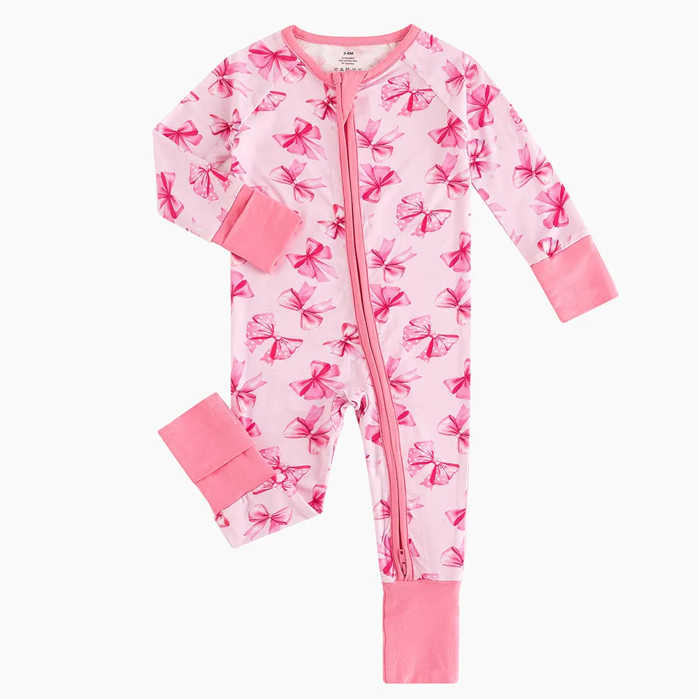 Pink Polka Dots Bow Baby Bamboo Long Sleeper Romper