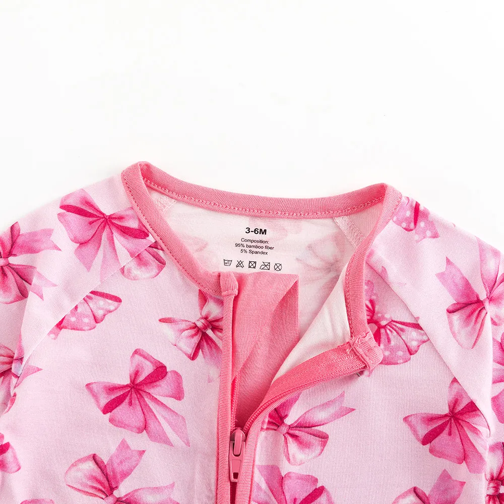 Pink Polka Dots Bow Baby Bamboo Long Sleeper Romper