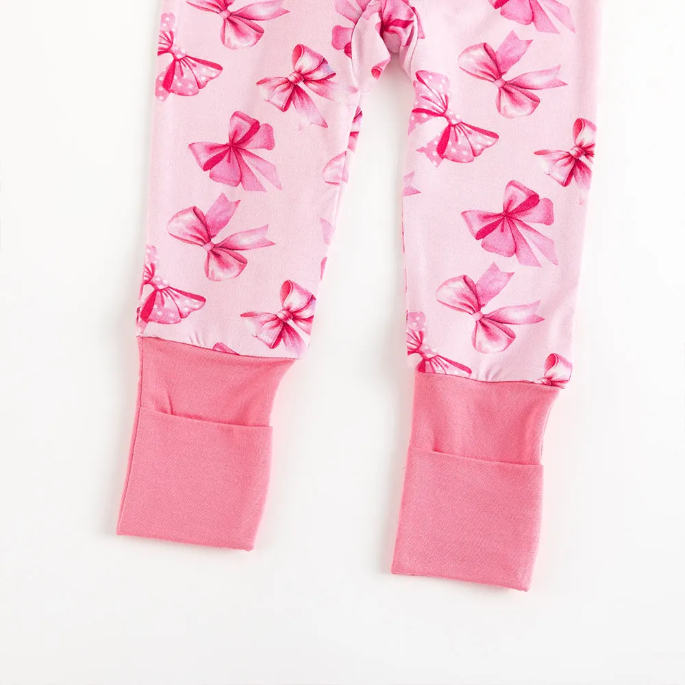 Pink Polka Dots Bow Baby Bamboo Long Sleeper Romper