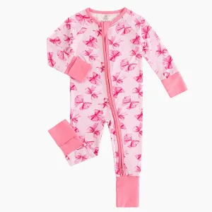 Pink Polka Dots Bow Baby Bamboo Long Sleeper Romper