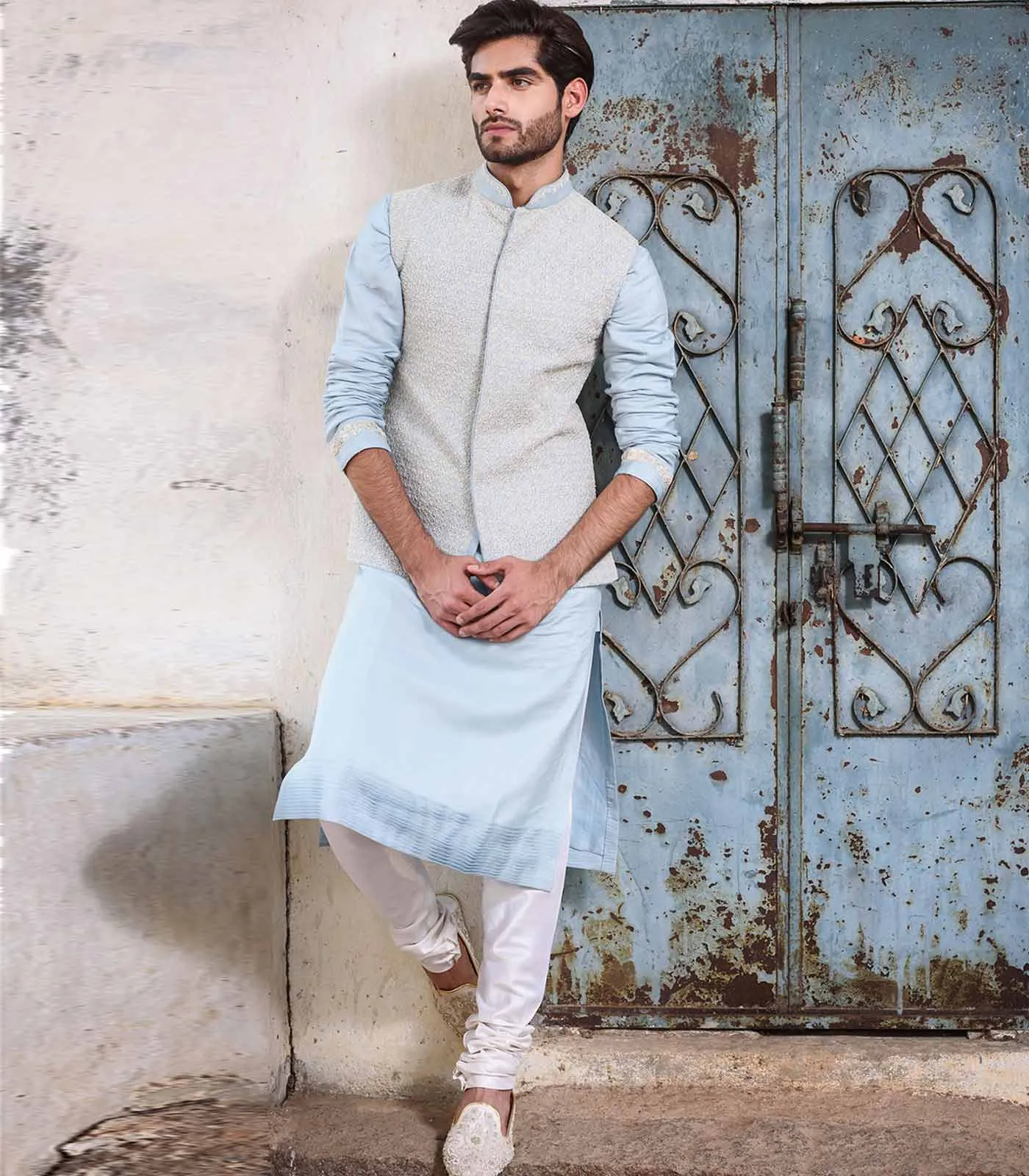 POWDER BLUE RAWSILK BANDI SET