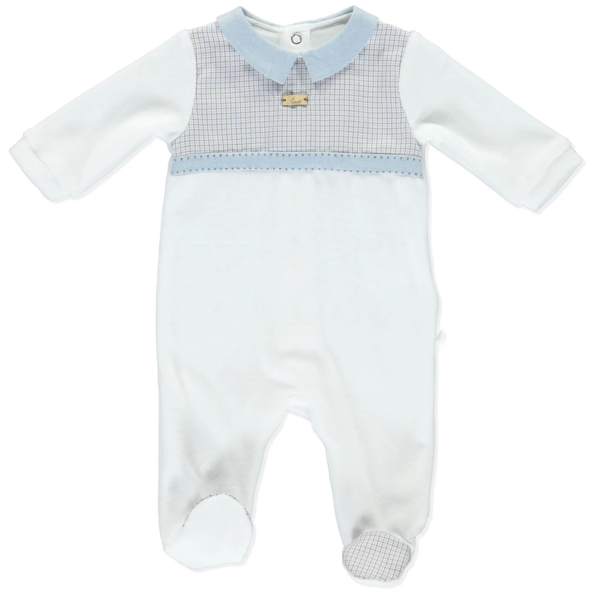 PURETÉ - Check Collar Velour Babygrow - White