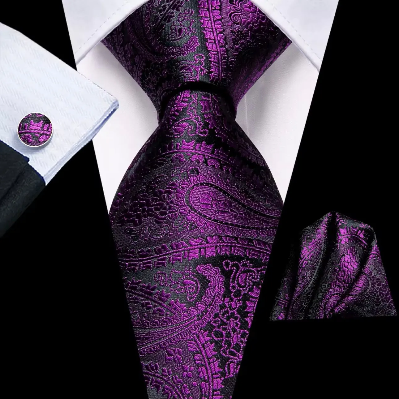 Purple Violet Black Paisley Necktie Set