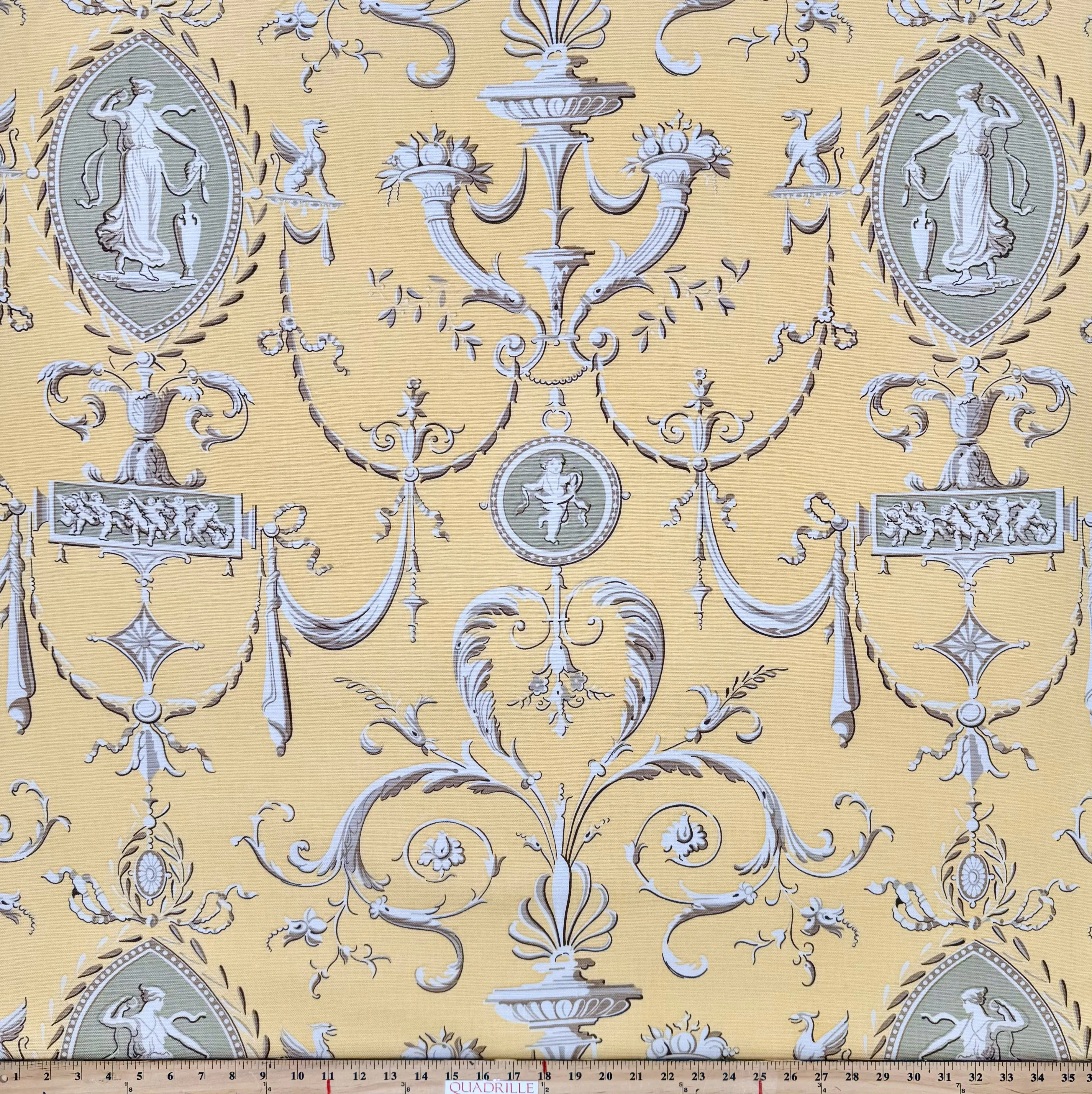 Quadrille Fabric: Kedleston -Old Gold on White Linen / Cotton