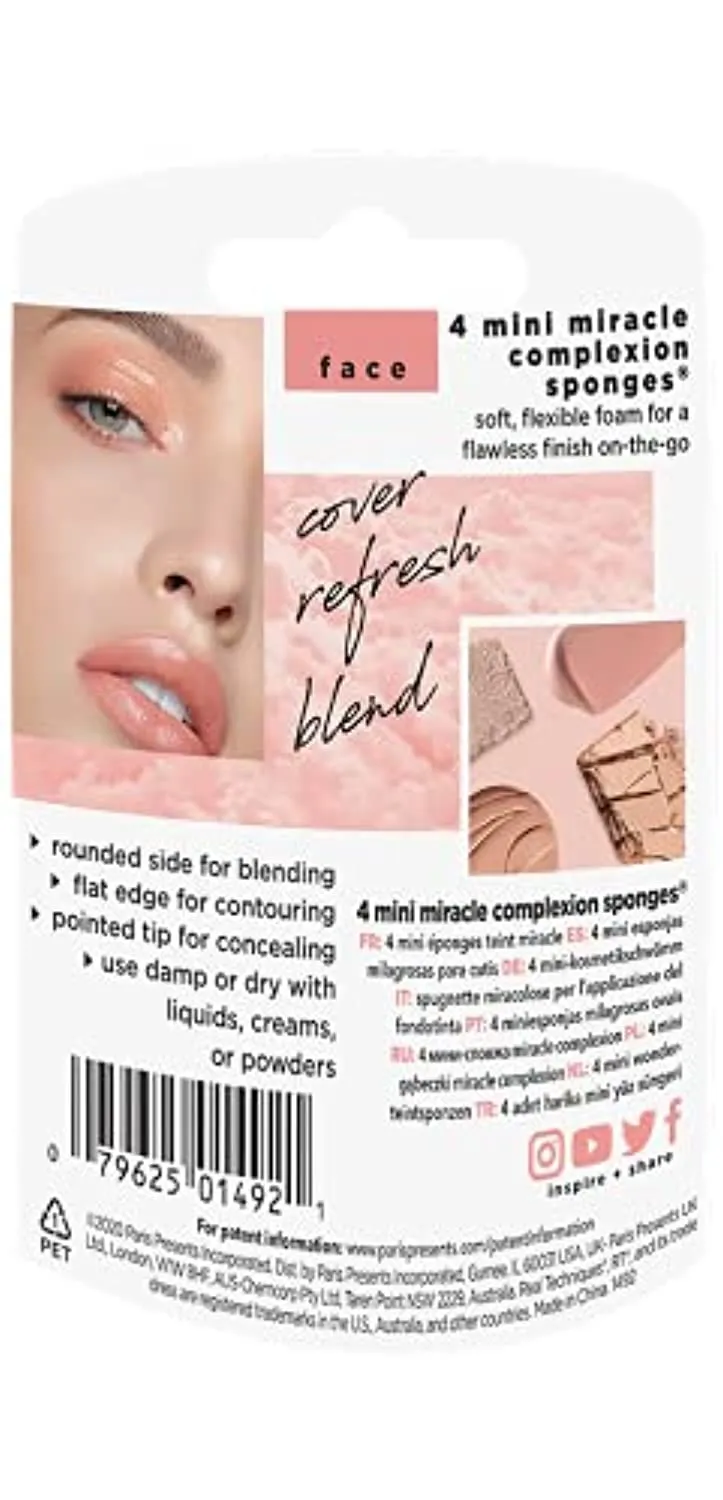 Real Techniques Mini Miracle Complexion Sponge Makeup Blender, Beauty Sponge For Touch Ups, Professional Makeup Tool, Cruelty Free, Latex Free, Perfect For Travel or On The Go, 4 Count