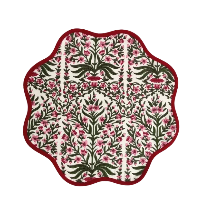 Red Floral Scalloped Cotton Round Placemats