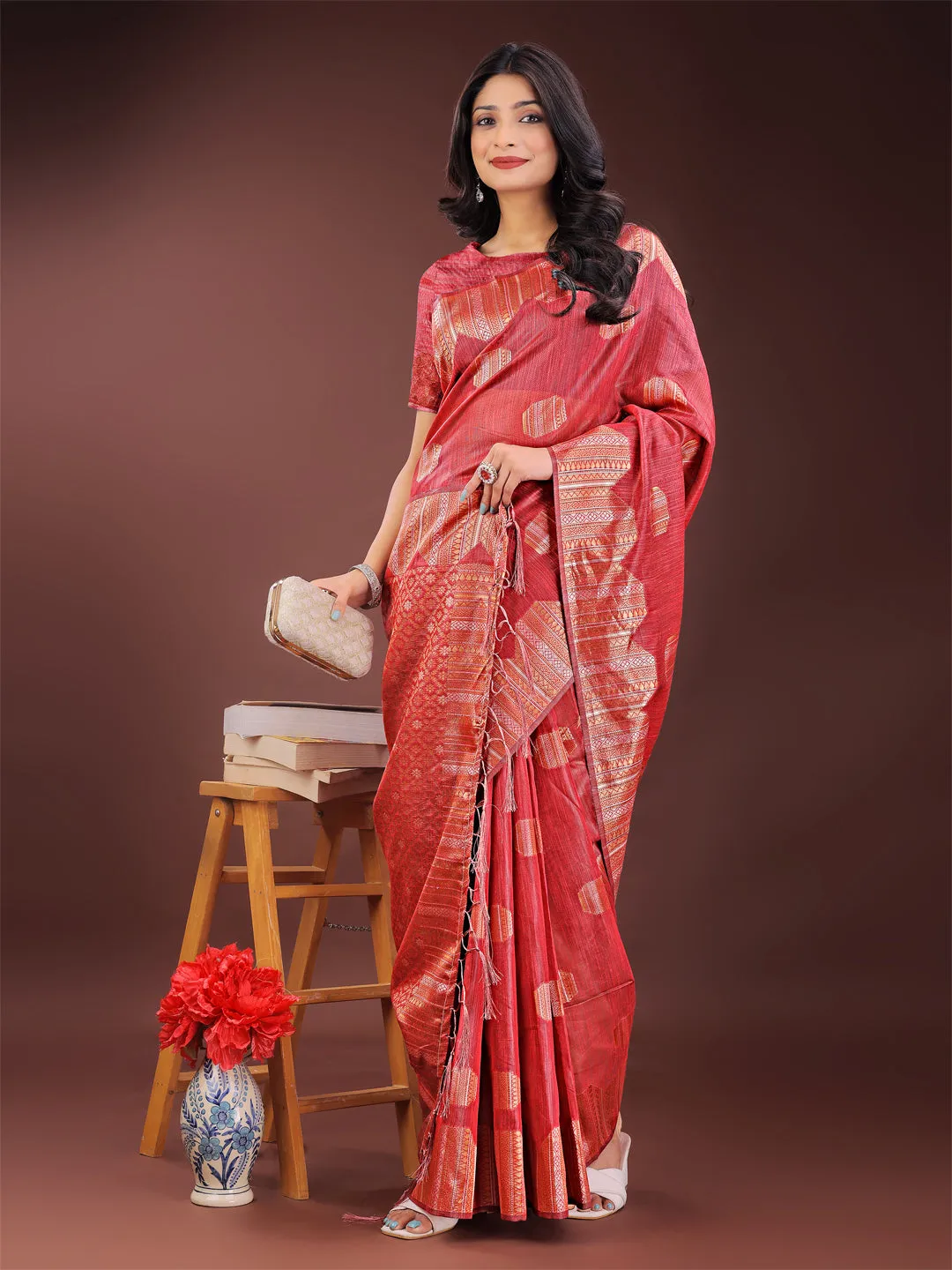 Red Linen Cotton Saree