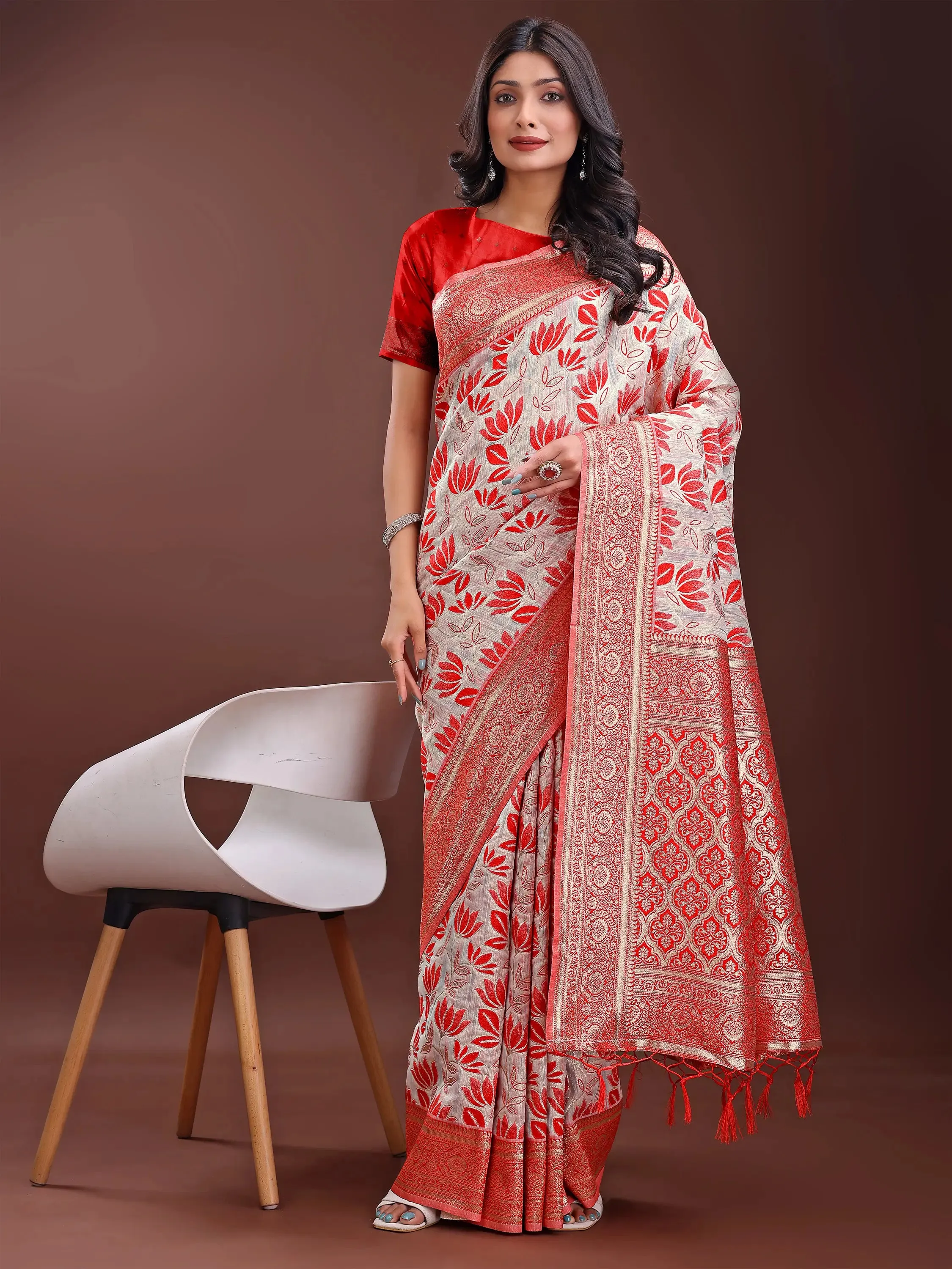 Red Linen Cotton Saree