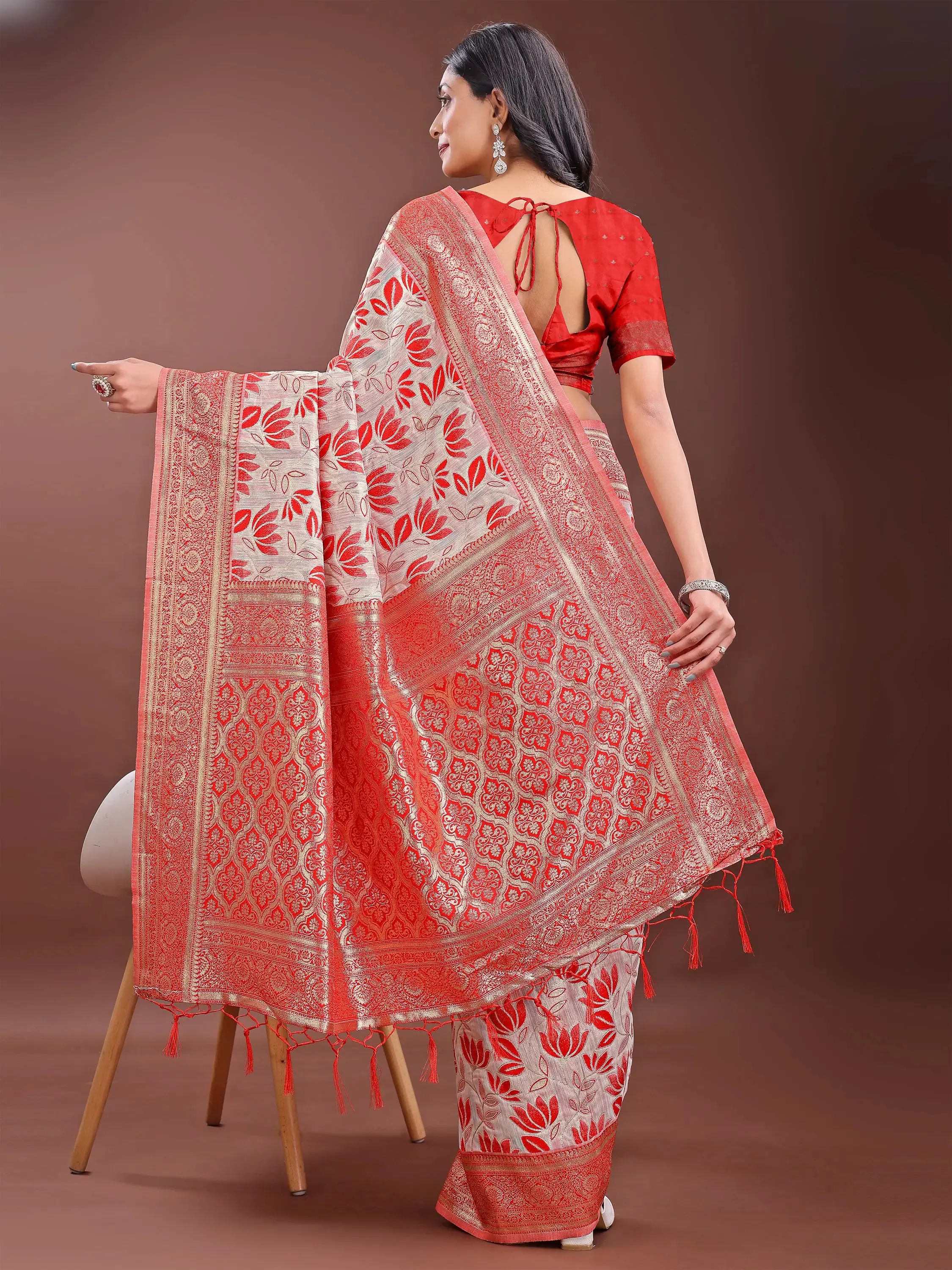Red Linen Cotton Saree