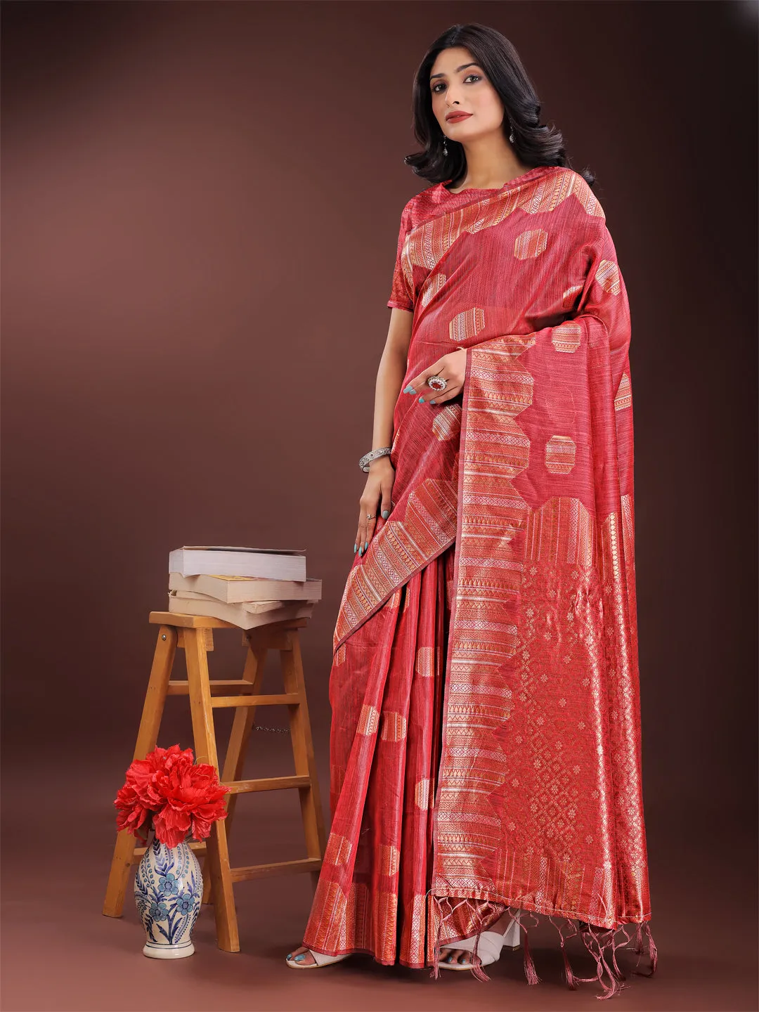 Red Linen Cotton Saree