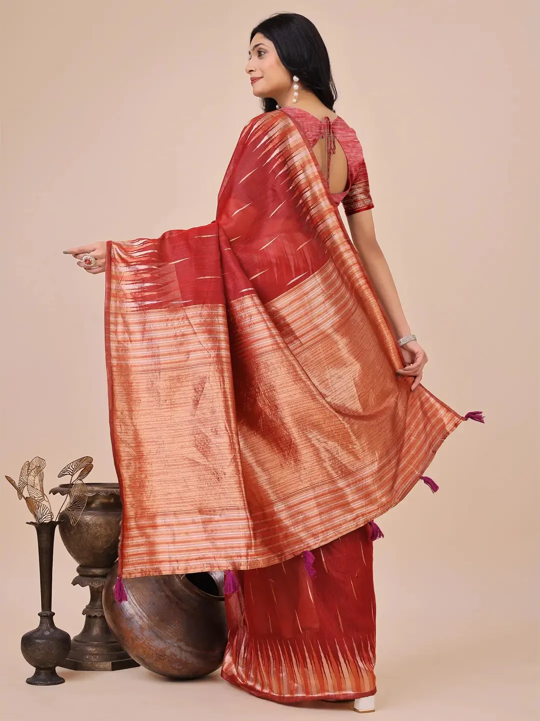 Red Linen Cotton Saree