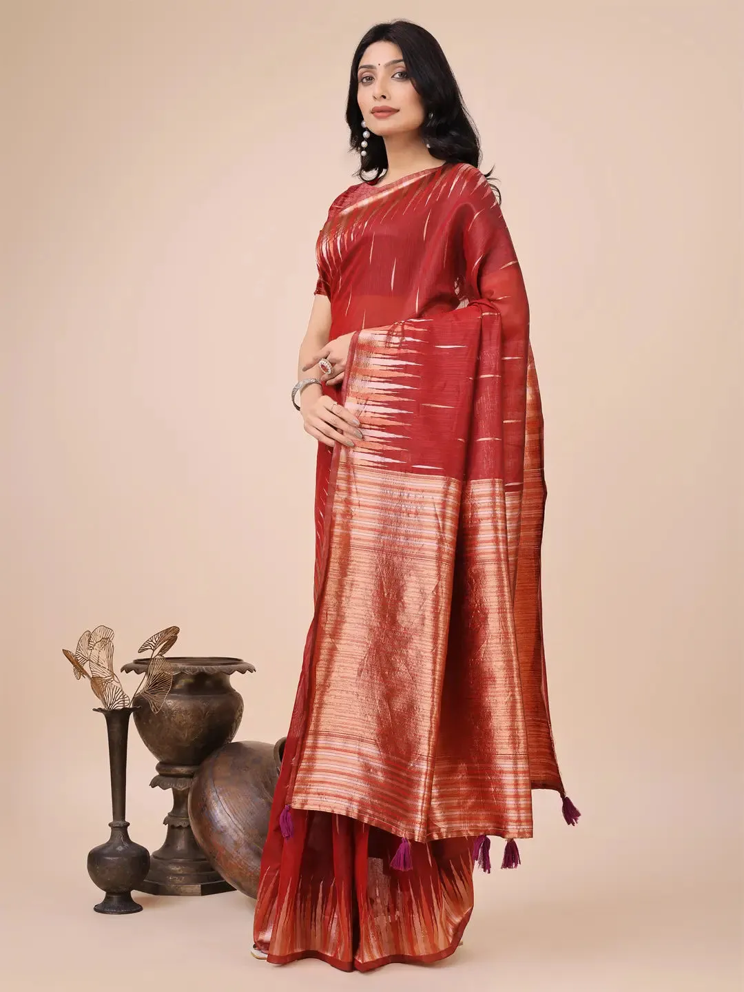 Red Linen Cotton Saree