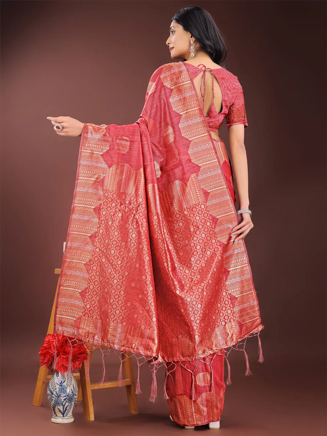 Red Linen Cotton Saree