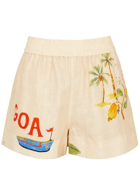 Rhode Resort Cream Kina "Goa" Printed Linen Shorts UK M