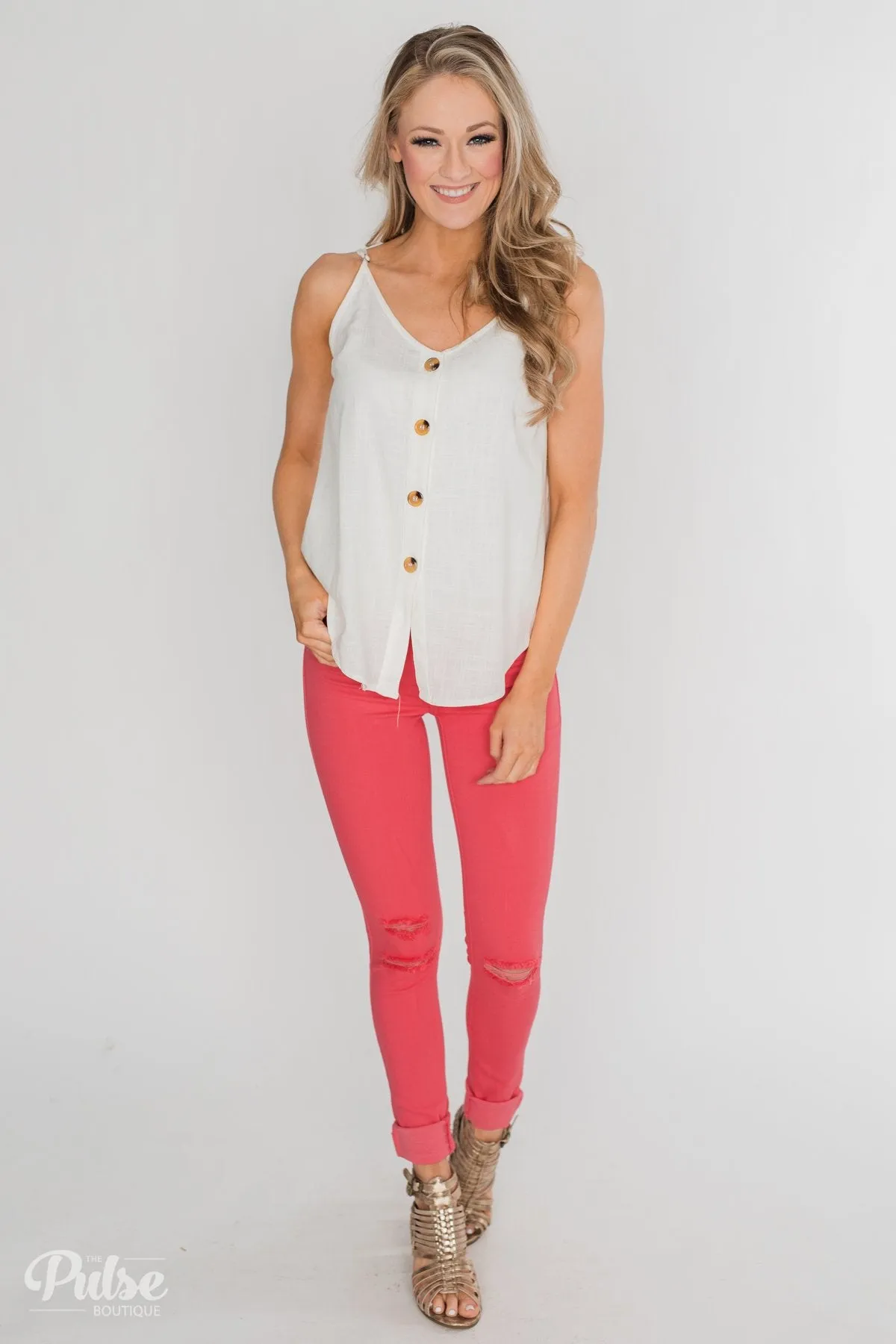 Right This Way Button Tank Top - Ivory