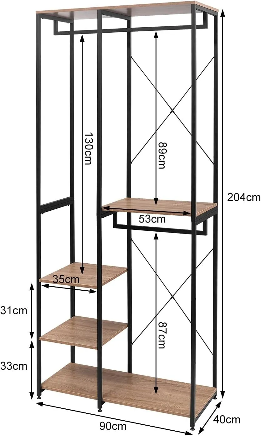 Rootz Clothes Rack - Metal Garment Rack - Open Wardrobe - Steel Clothing Hanger - MDF Shelving - 90cm x 40cm x 204.5cm