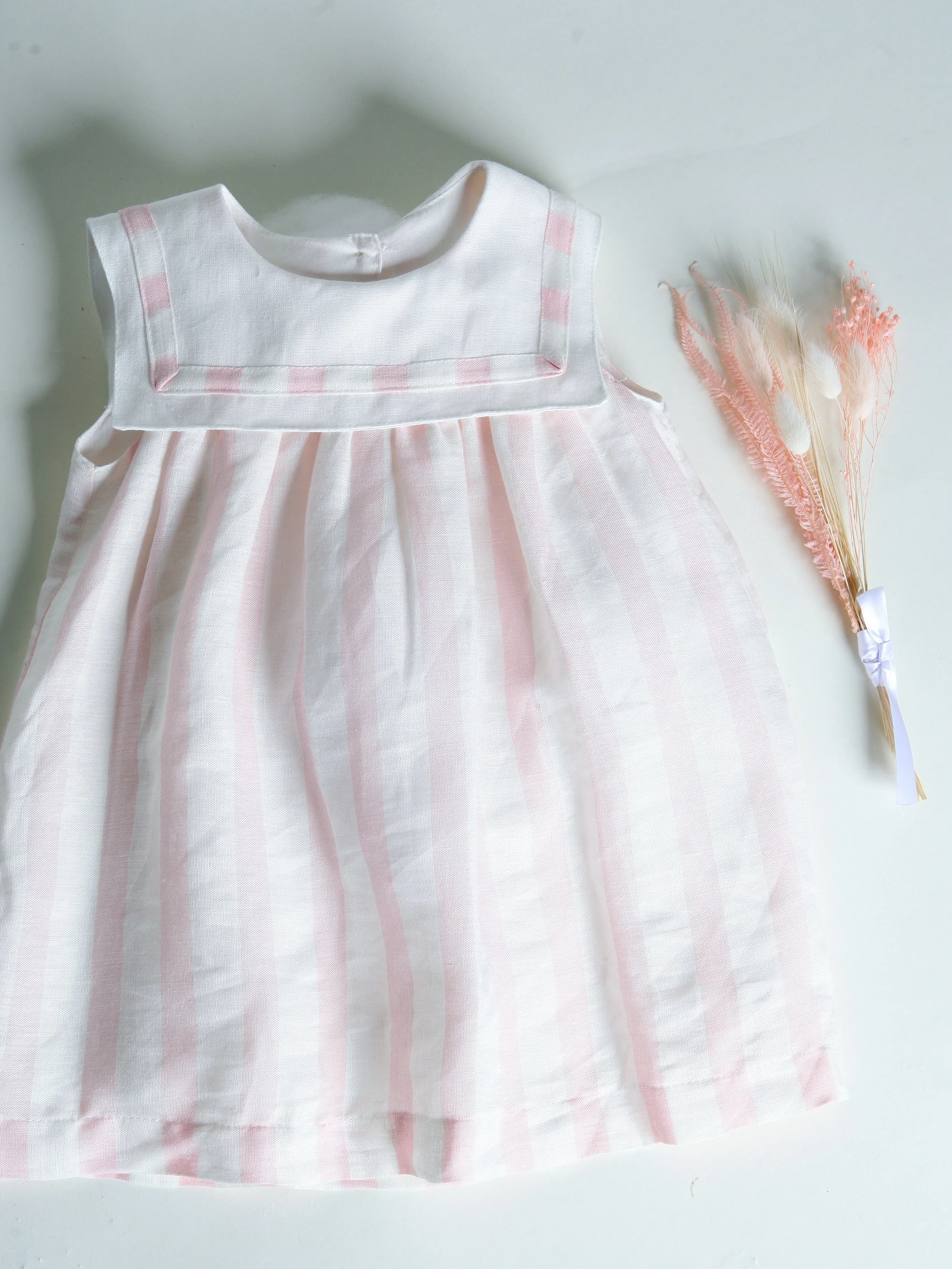 'Rose' Pink & Ivory Stripe Linen Dress