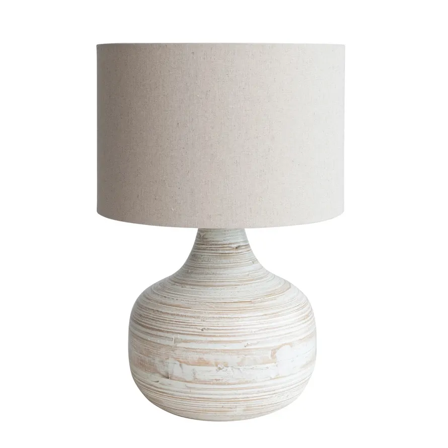 Round whitewashed bamboo table lamp