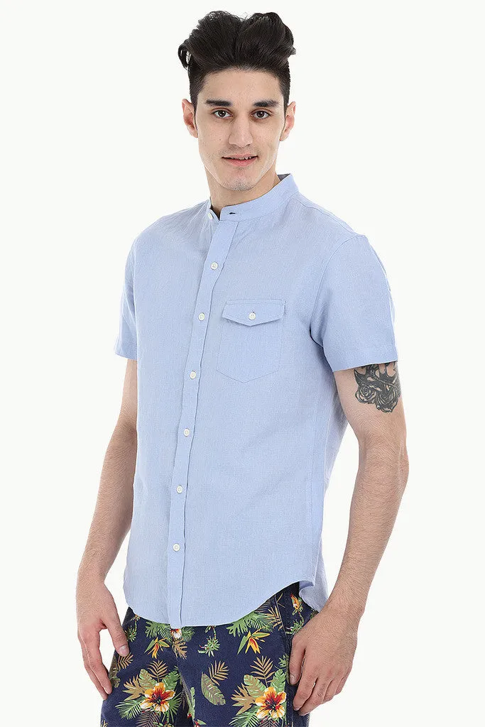 Short Sleeve Band-Collar Linen/Cotton Shirt
