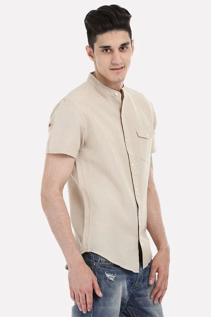 Short Sleeve Band-Collar Linen/Cotton Shirt