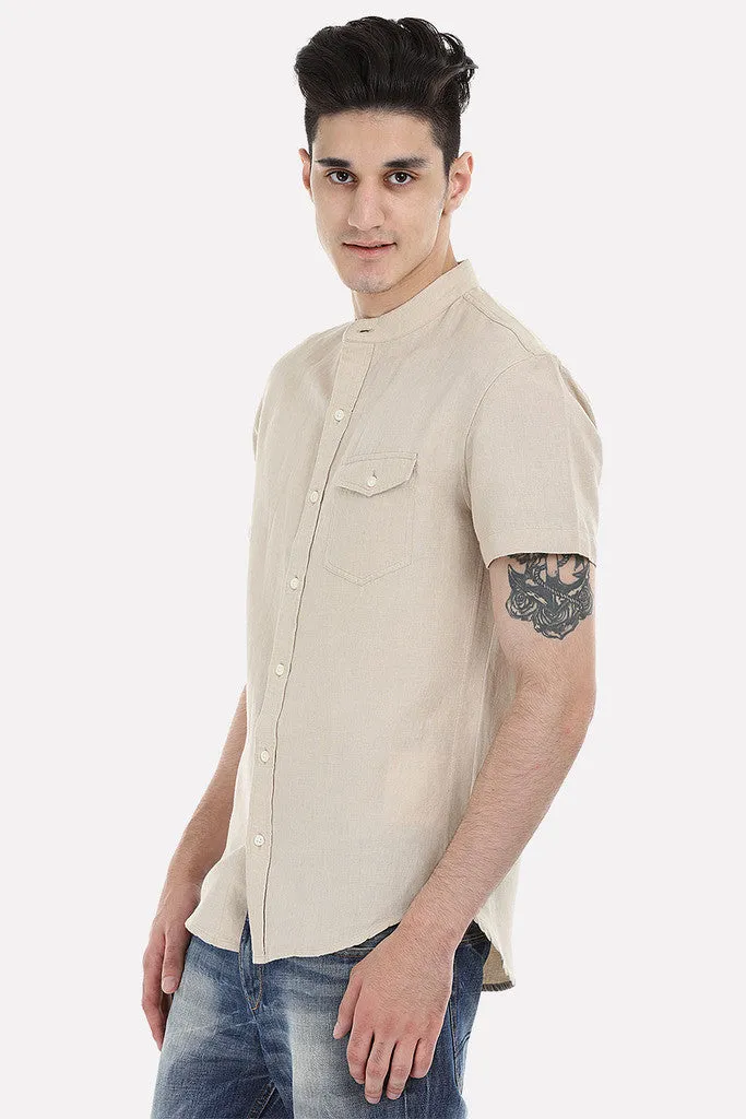 Short Sleeve Band-Collar Linen/Cotton Shirt