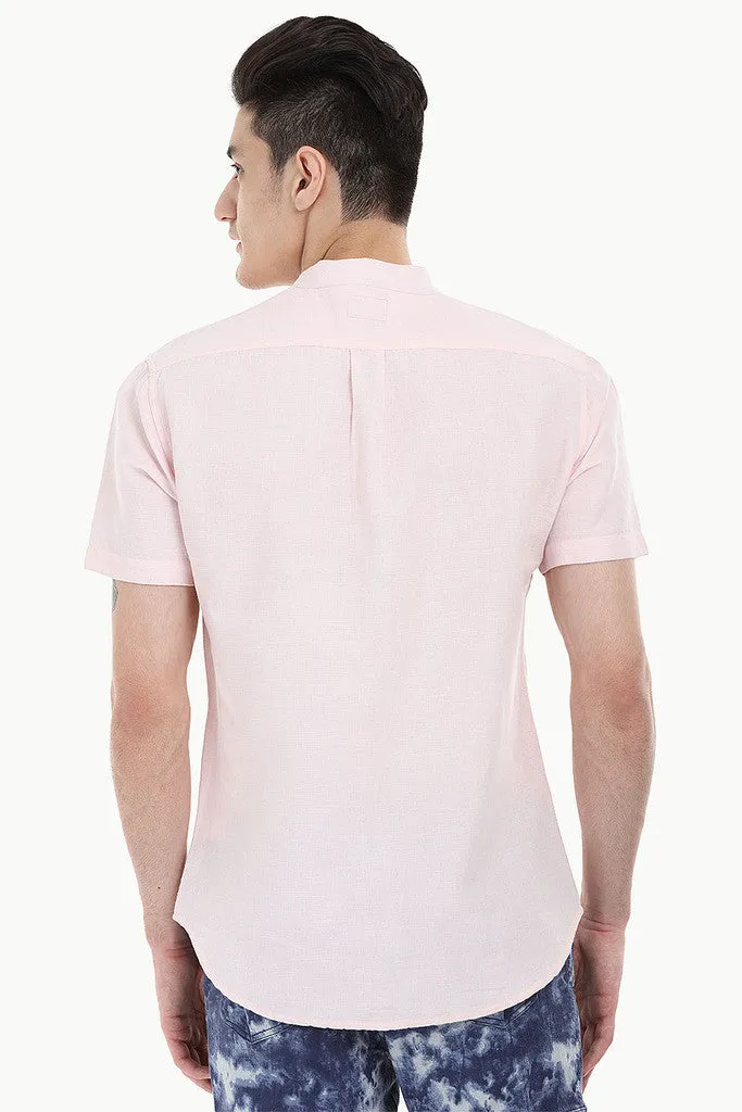 Short Sleeve Band-Collar Linen/Cotton Shirt