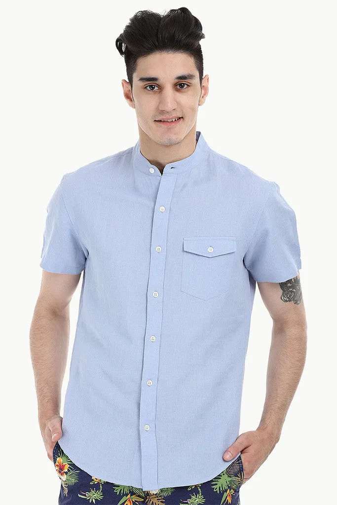 Short Sleeve Band-Collar Linen/Cotton Shirt