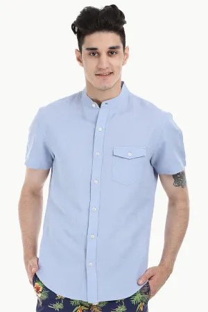 Short Sleeve Band-Collar Linen/Cotton Shirt