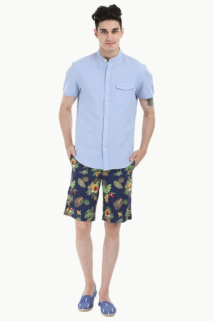 Short Sleeve Band-Collar Linen/Cotton Shirt