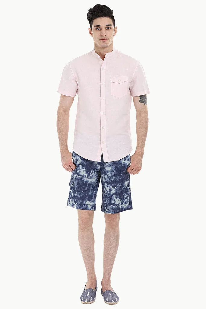 Short Sleeve Band-Collar Linen/Cotton Shirt