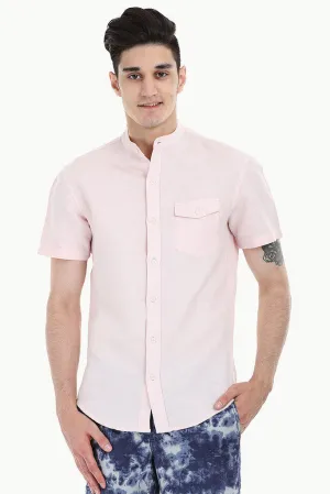 Short Sleeve Band-Collar Linen/Cotton Shirt