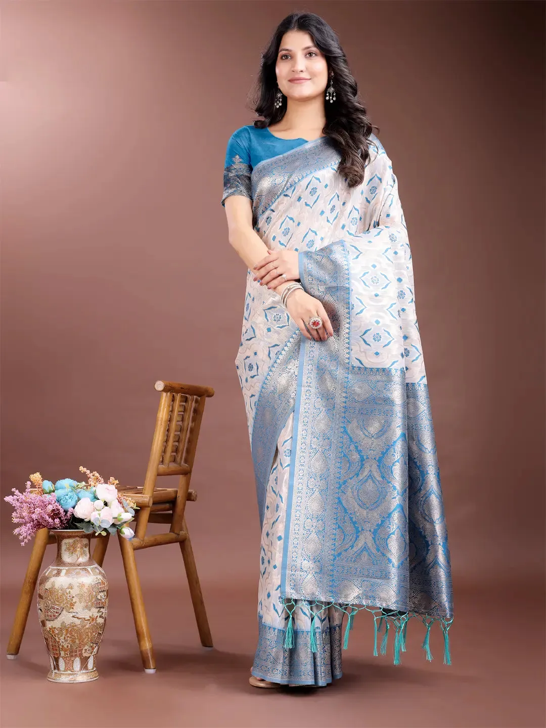 Sky Blue Linen Cotton Saree