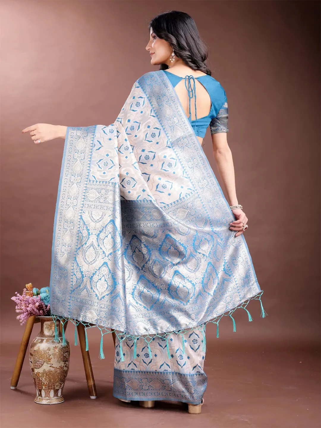 Sky Blue Linen Cotton Saree