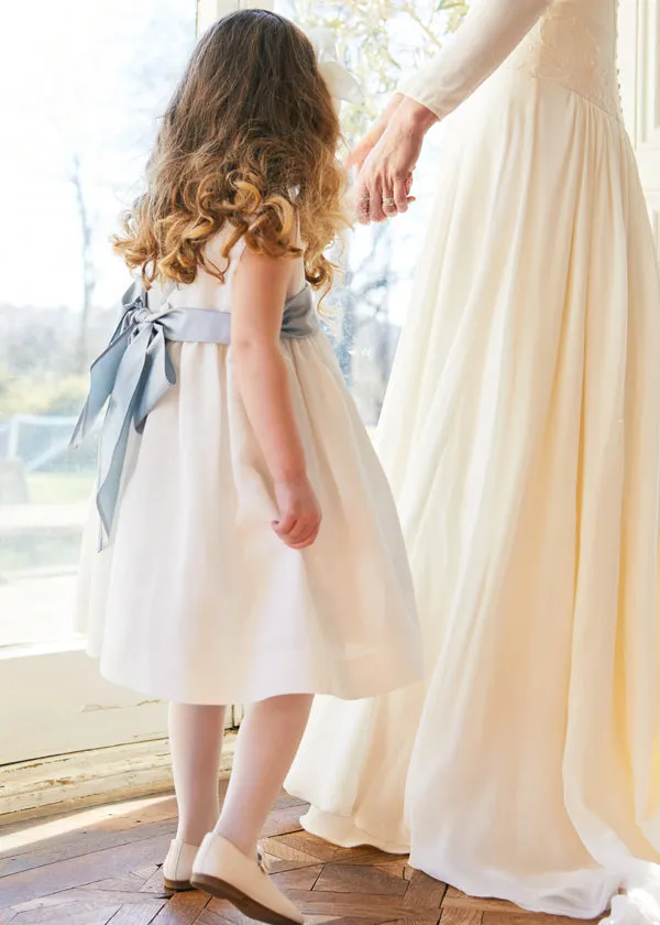 Sleeveless Ivory Flower Girl Dress with Blue Silk Sash (12mths-10yrs)