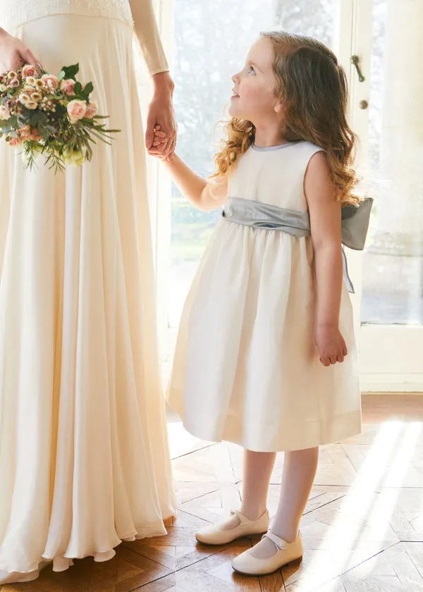 Sleeveless Ivory Flower Girl Dress with Blue Silk Sash (12mths-10yrs)