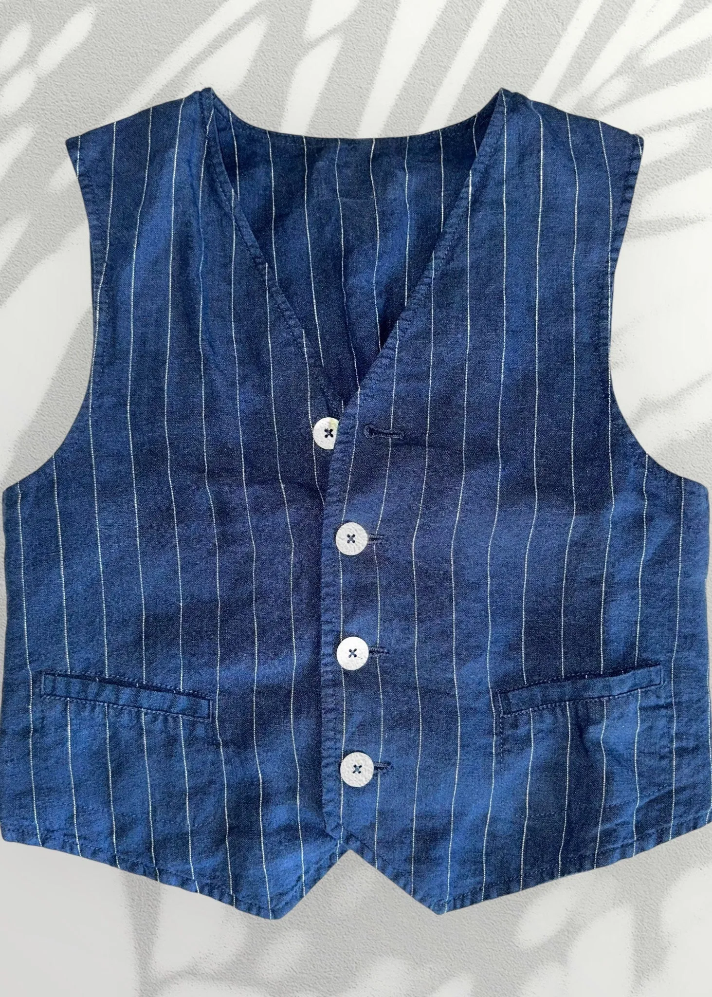 Small Linen Vest Navy Pinstripe Minimalist Crop Top Button Down