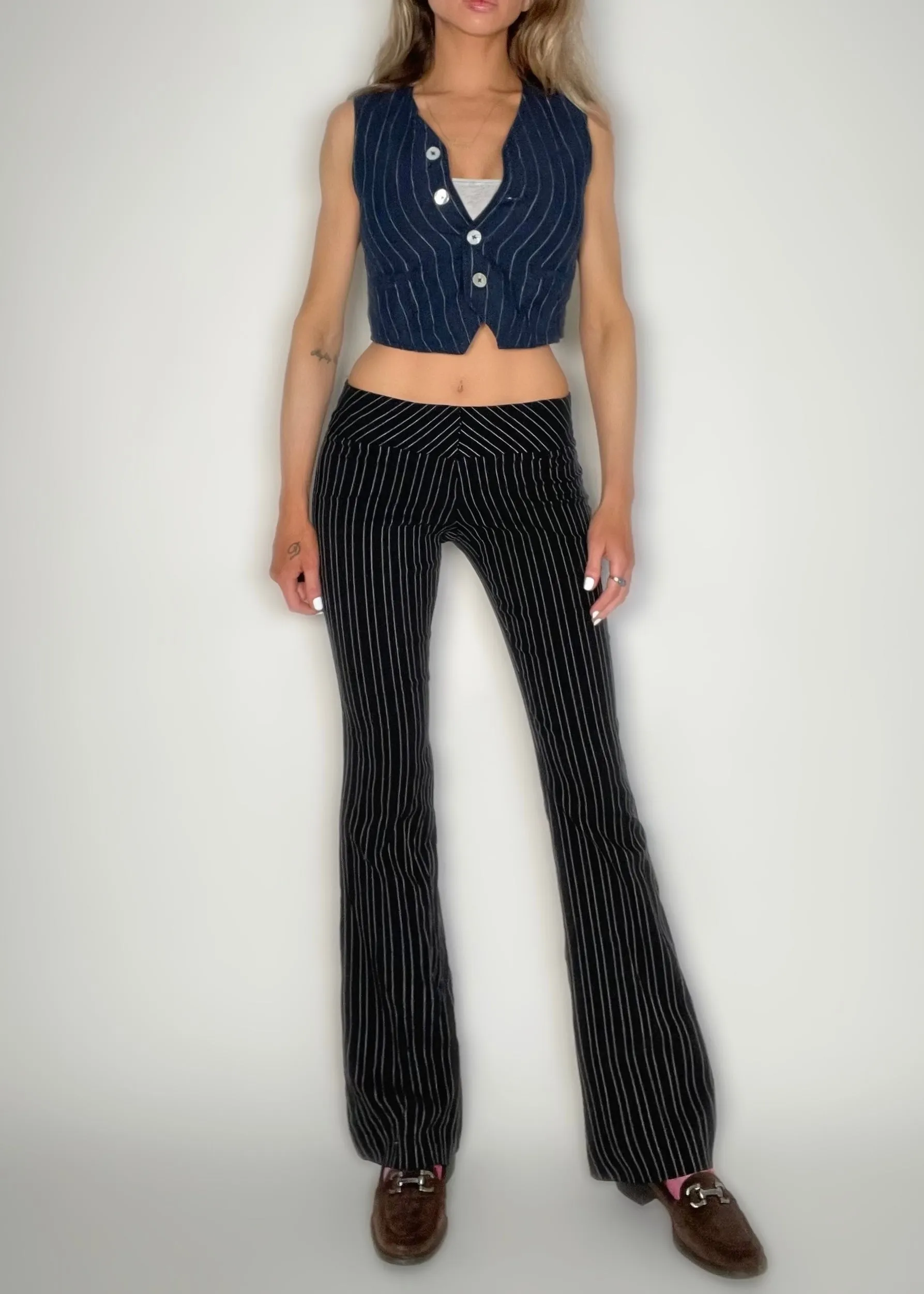 Small Linen Vest Navy Pinstripe Minimalist Crop Top Button Down