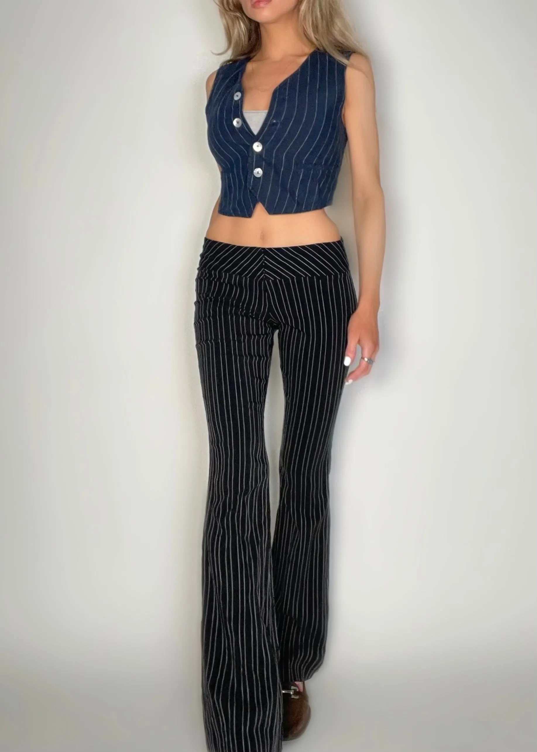 Small Linen Vest Navy Pinstripe Minimalist Crop Top Button Down