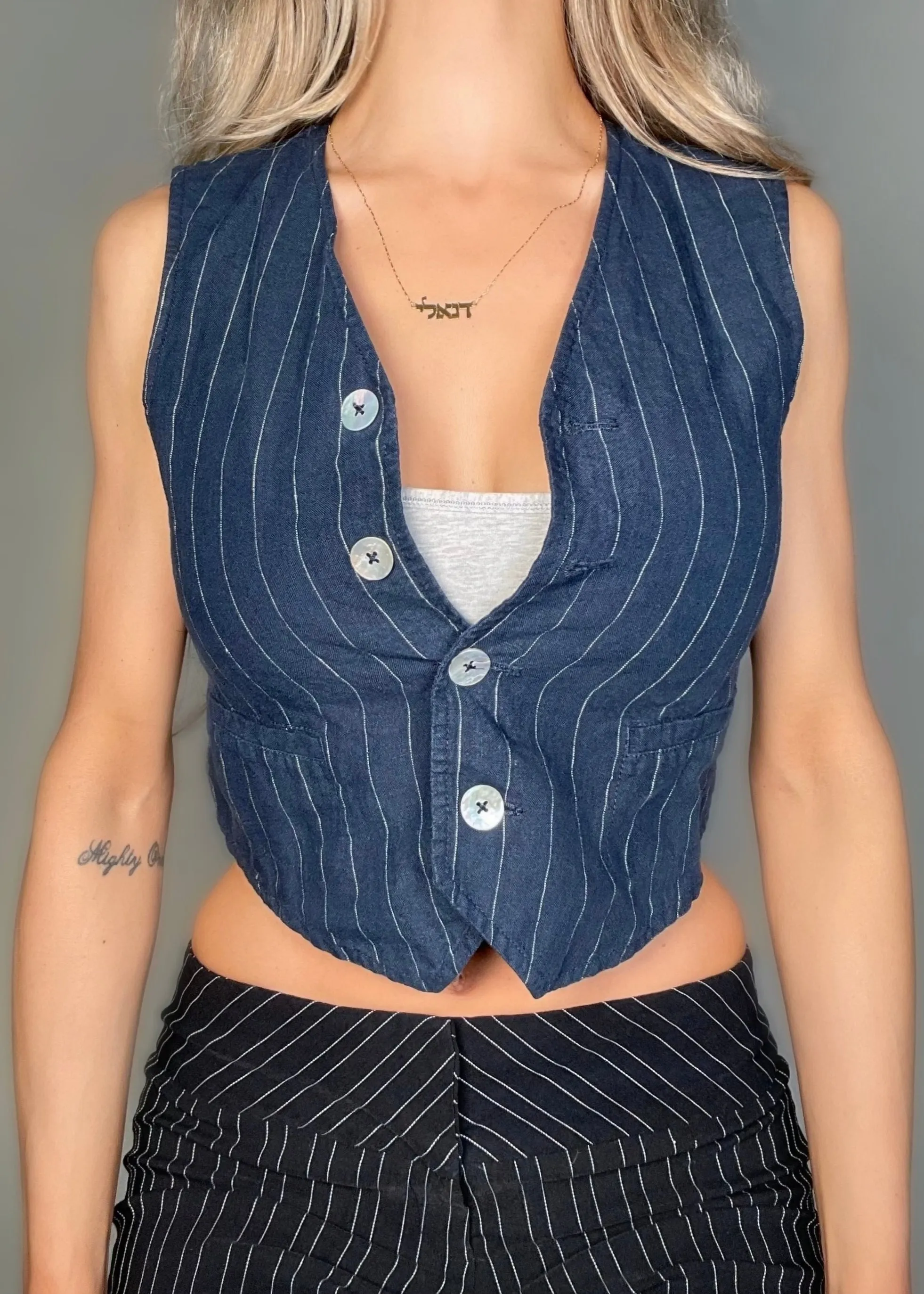 Small Linen Vest Navy Pinstripe Minimalist Crop Top Button Down