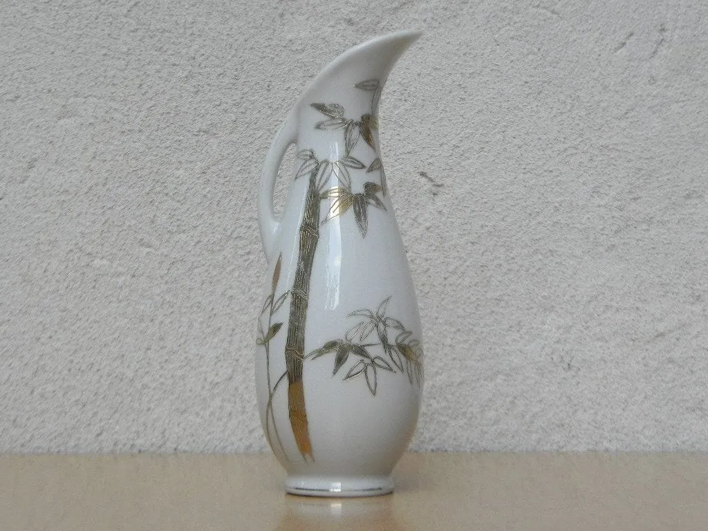 Small White Pitcher Vase with Gold Bamboo Design