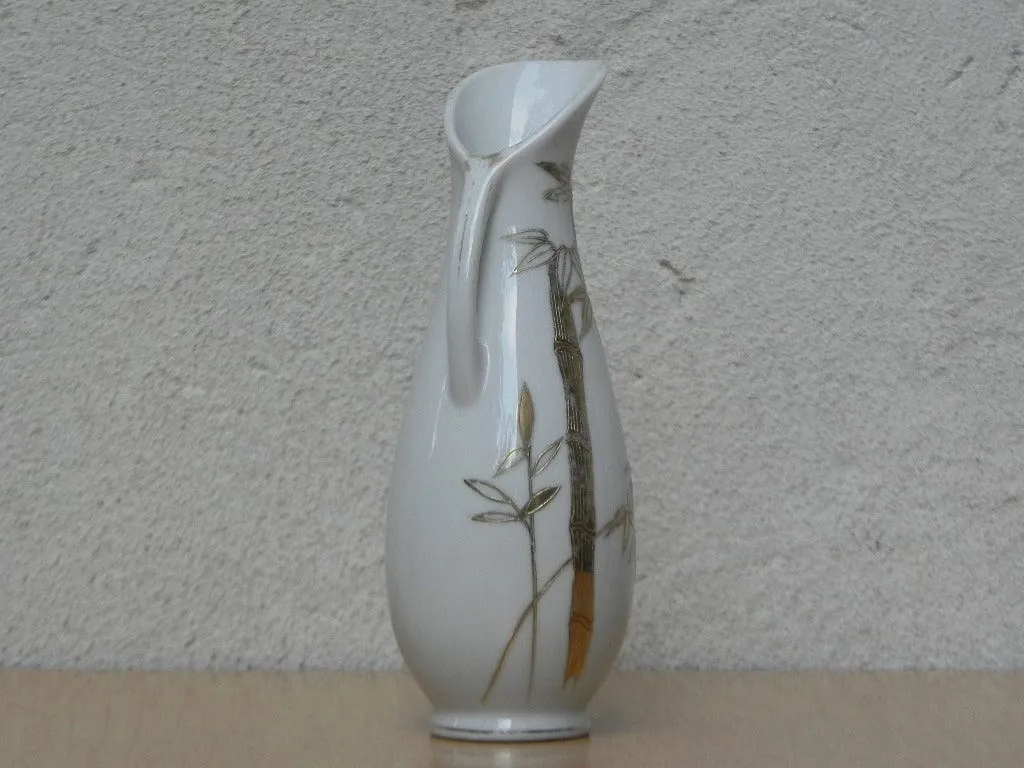 Small White Pitcher Vase with Gold Bamboo Design