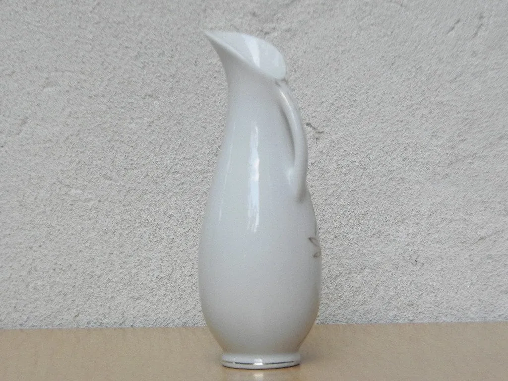 Small White Pitcher Vase with Gold Bamboo Design