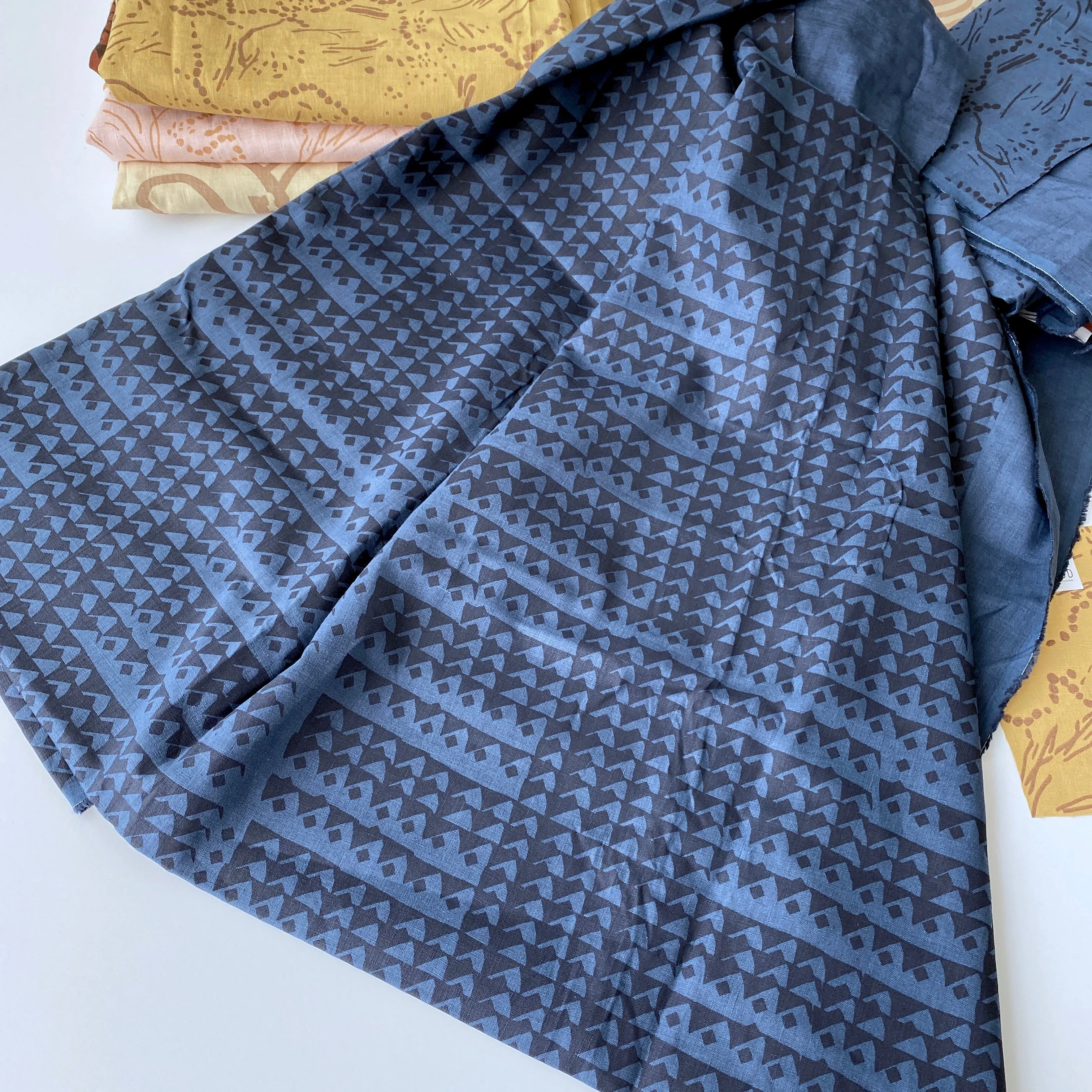 Triangles in Midnight on Deep Blue  - 100% linen - FABRIC BY THE YARD