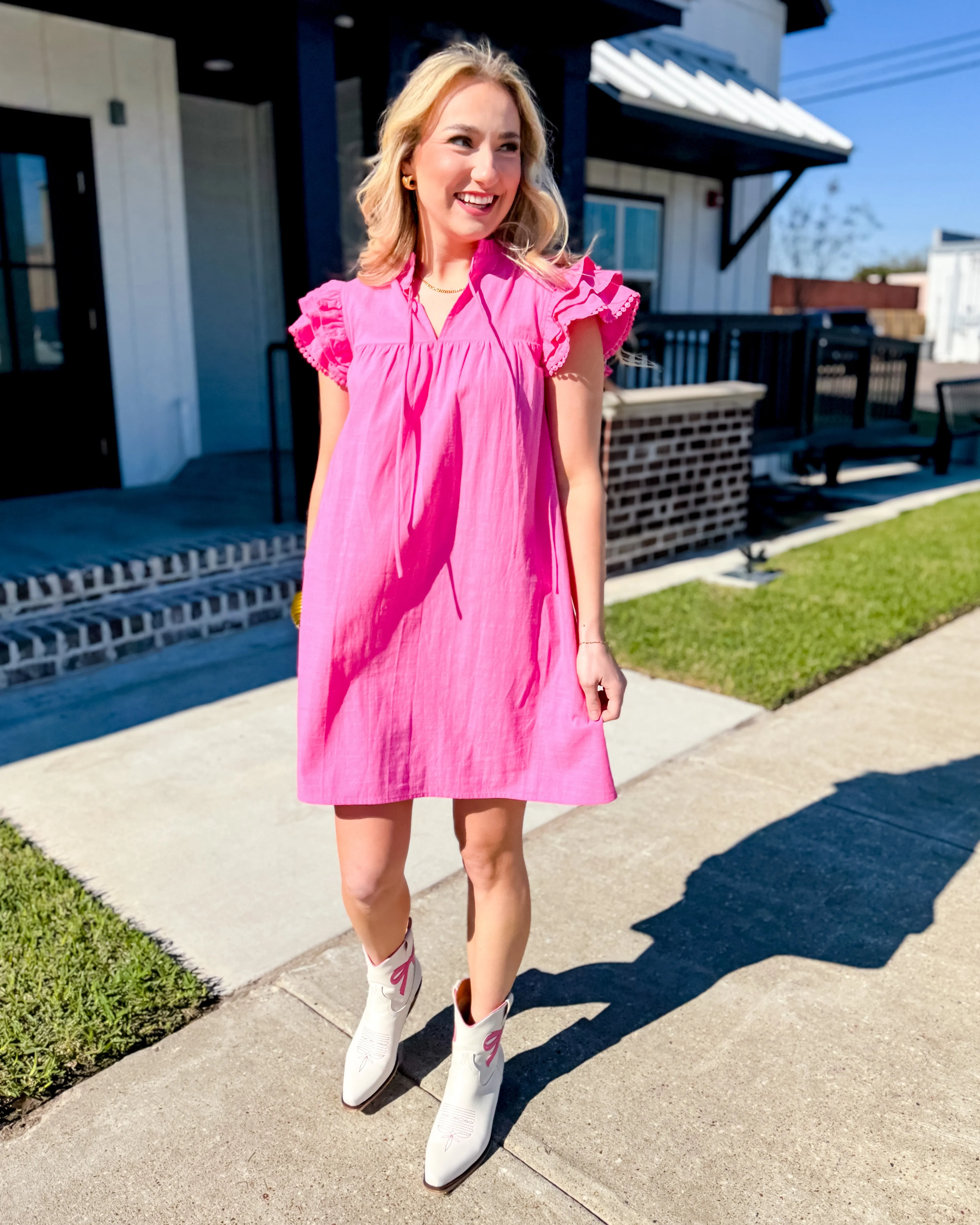 Triple Ruffle Sleeve with Lace Detailed Dress in Pink