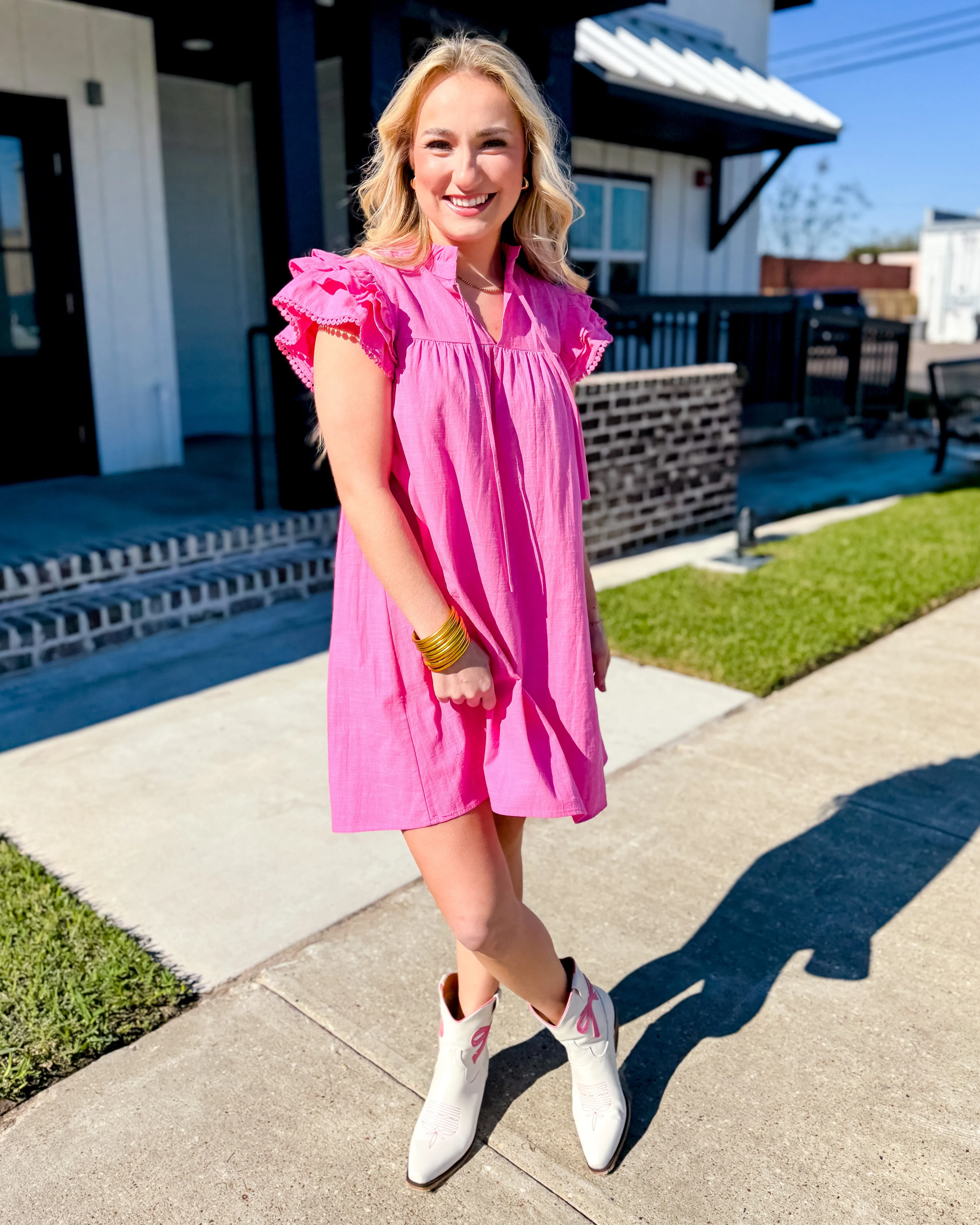 Triple Ruffle Sleeve with Lace Detailed Dress in Pink