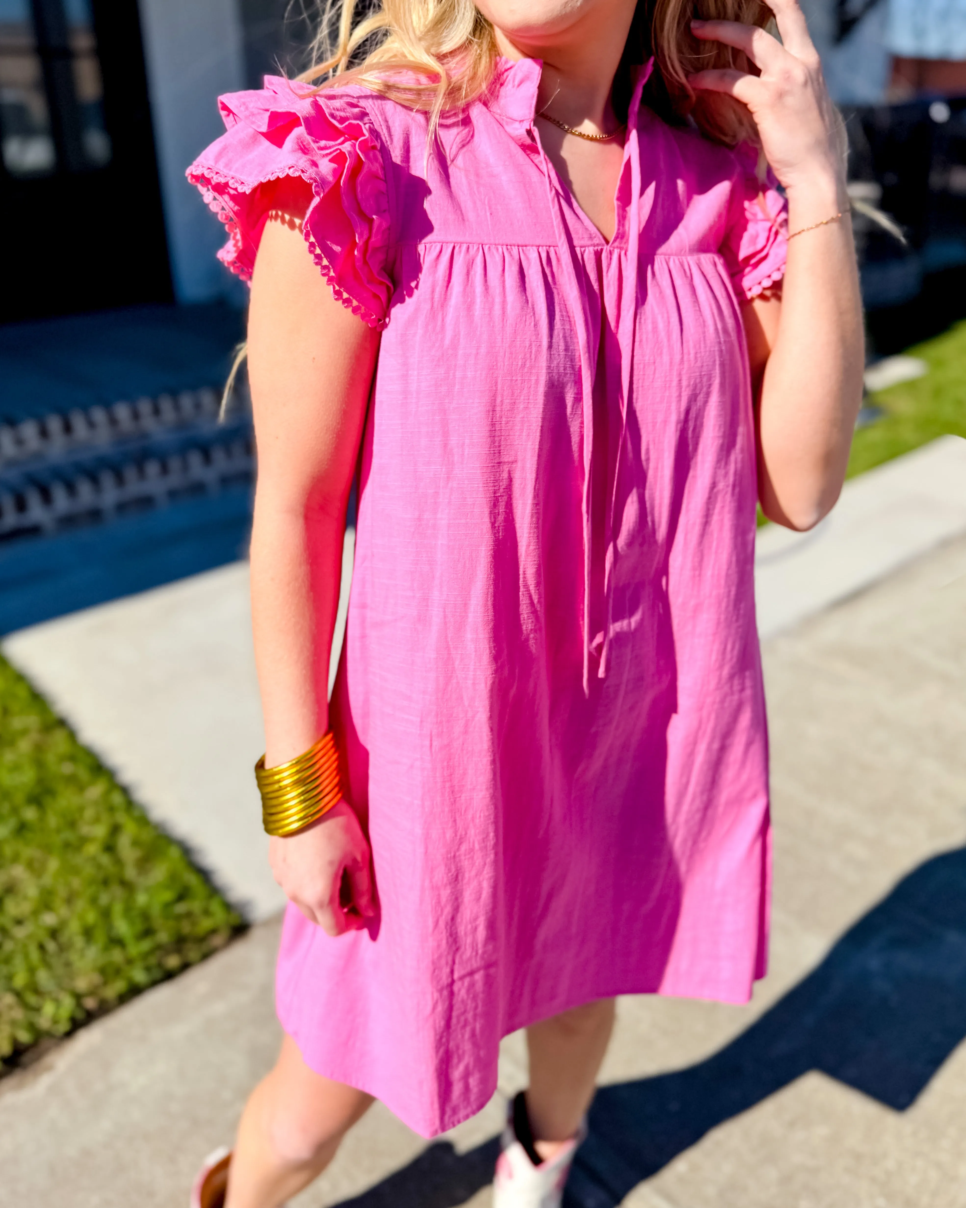 Triple Ruffle Sleeve with Lace Detailed Dress in Pink