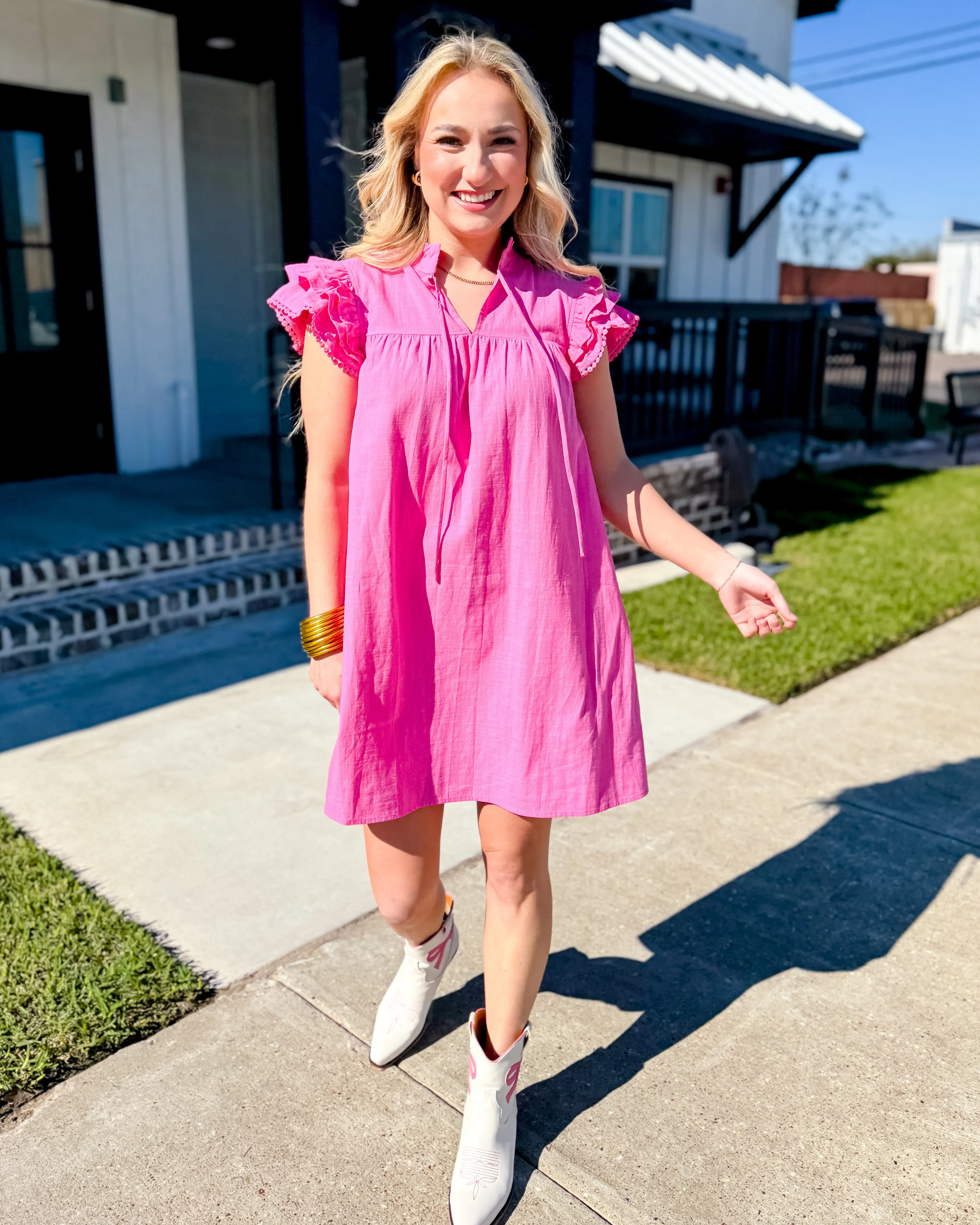 Triple Ruffle Sleeve with Lace Detailed Dress in Pink